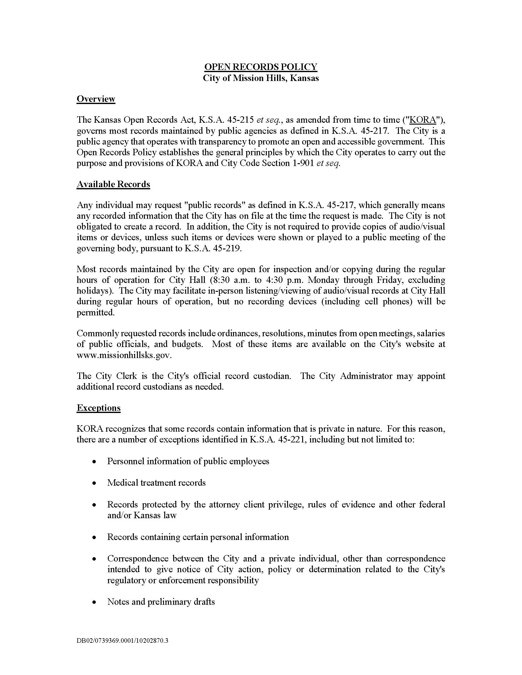 City of Mission Hills Open Records Policy 1